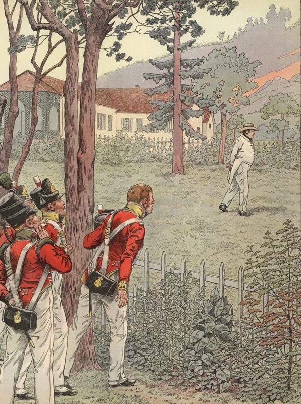 Napoleon spacerujący po swoim ogrodzie jako więzień na St Helena autorstwa Onfray de Breville Job