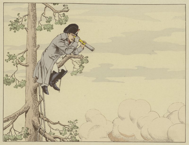 Napoleon oglądający bitwę pod Aspern-Essling ze szczytu drzewa na wyspie Lobau, 22 maja 1809 autorstwa Onfray de Breville Job
