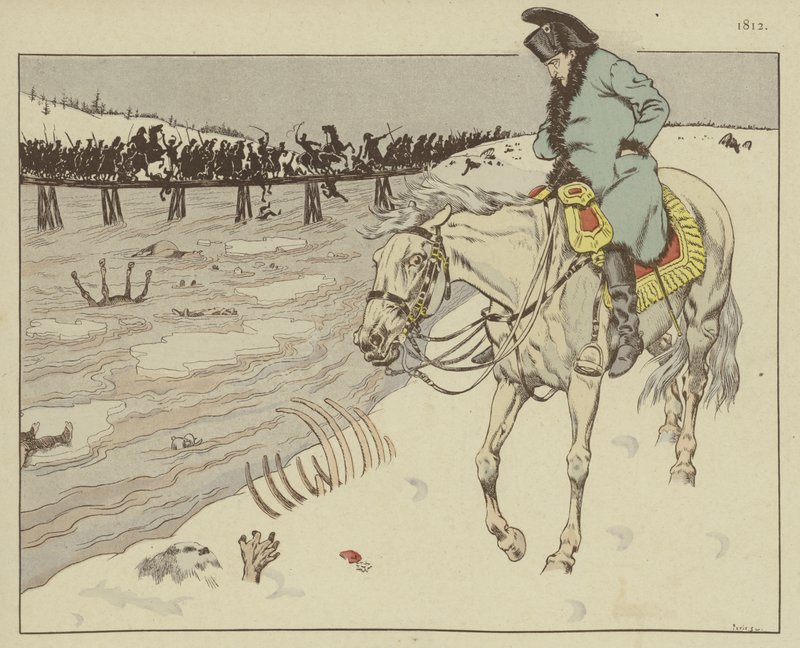Napoleon oglądający szczątki swojego wielkiego oręża przemierzającego rzekę Berezynę podczas odwrotu z Moskwy, 1812 r. autorstwa Onfray de Breville Job