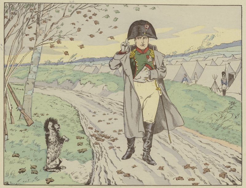 Żołnierze Starej Gwardii szkolili swoje psy, by salutowały cesarzowi, który oddał salut, 1805 autorstwa Onfray de Breville Job