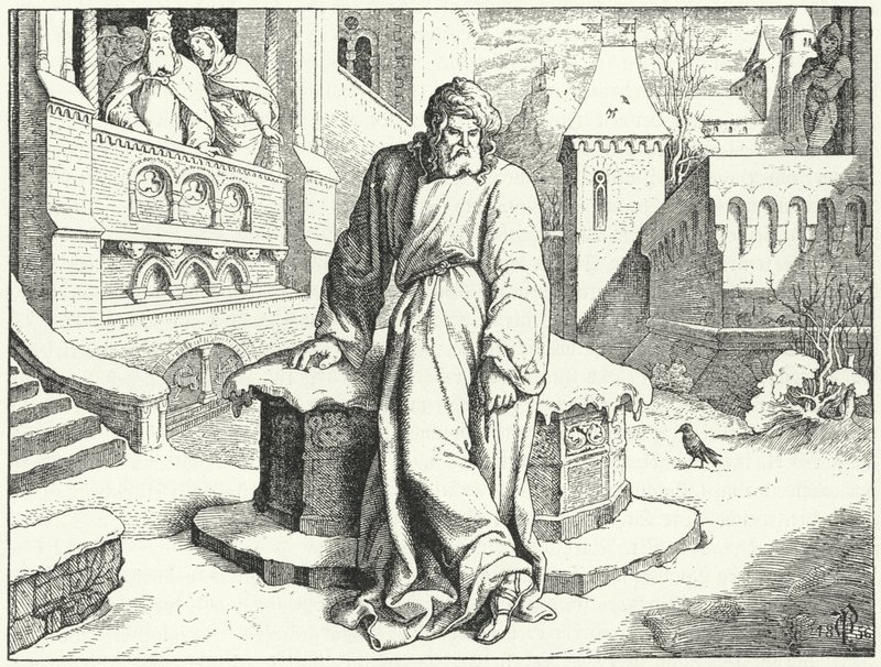 Cesarz Świętego Rzymu Henryk IV na dziedzińcu zamku Canossa we Włoszech przebrany za pokutnika błagający o przebaczenie papieża Grzegorza VII, 1077 autorstwa Oskar Pletsch