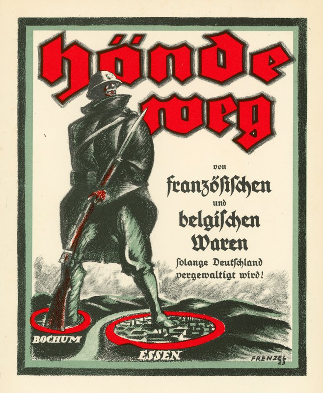 Niemiecki plakat propagandowy przeciwstawiający się okupacji Zagłębia Ruhry przez wojska francuskie i belgijskie po I wojnie światowej autorstwa Oskar Frenzel