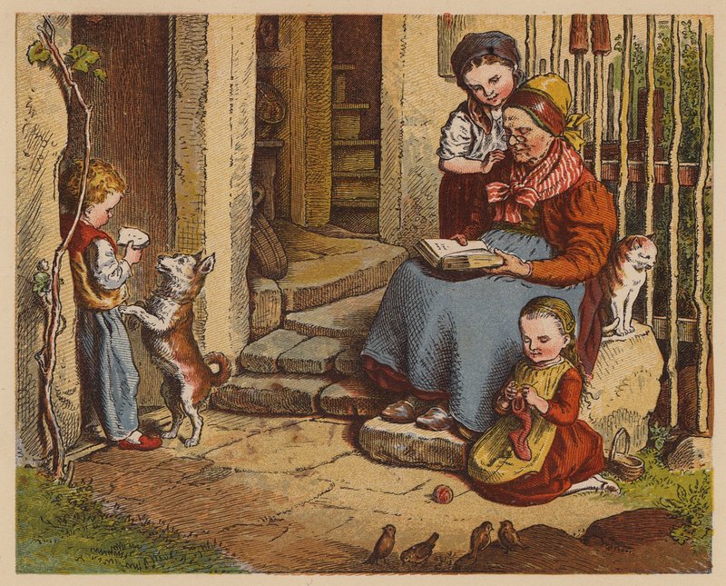 Granny Reading (kolorowa litografia) autorstwa Oskar Pletsch