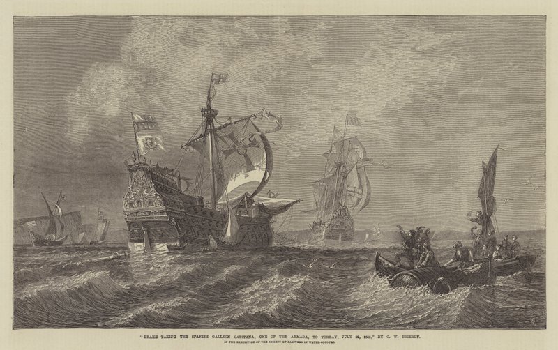 Drake zabierający hiszpański Galleon Capitana, Jeden z Armady, do Torbay, 22 lipca 1588, na Wystawie Towarzystwa Malarzy Akwarelowych autorstwa Oswald Walters Brierly