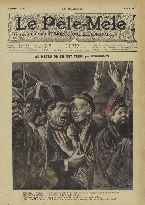 W metrze kładziemy za dużo. Ilustracja do Le Pele-Mele autorstwa Oswald (after) Heidbrinck