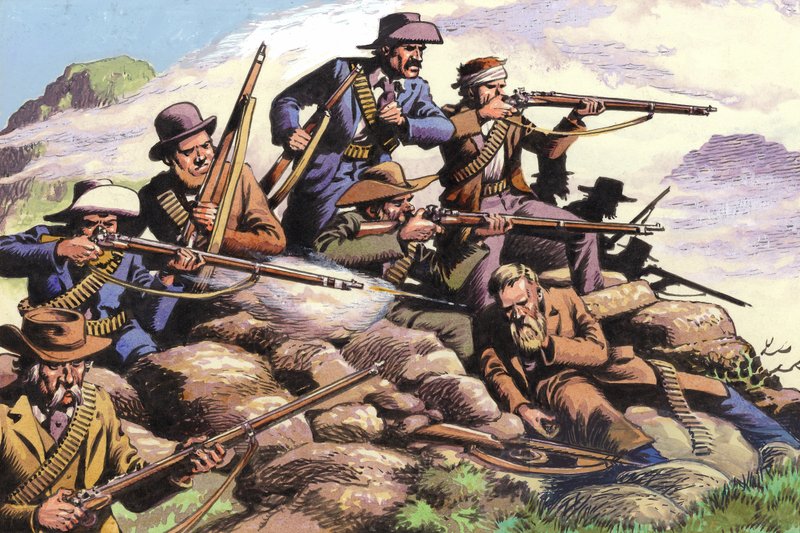1880, Boers of the Transvaal walczący na wzgórzu Majuba podczas pierwszej wojny burskiej (gwasz na papierze) autorstwa Pat (1907-95) Nicolle