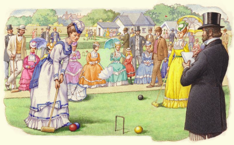 Gra w krokieta w All-England Club na Wimbledonie (gwasz na papierze) autorstwa Pat (1907-95) Nicolle