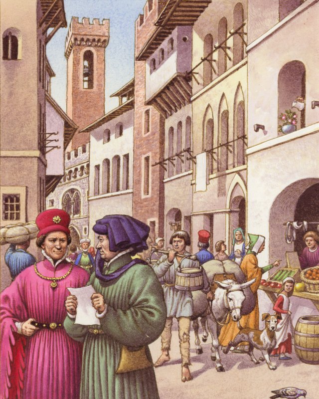 Typowa scena uliczna we Florencji na początku XV wieku (gwasz na papierze) autorstwa Pat (1907-95) Nicolle