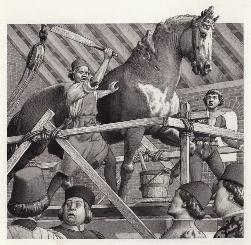 Andrea Verrocchio rozbija głowę swojego posągu konia (gwasz na papierze) autorstwa Pat (1907-95) Nicolle