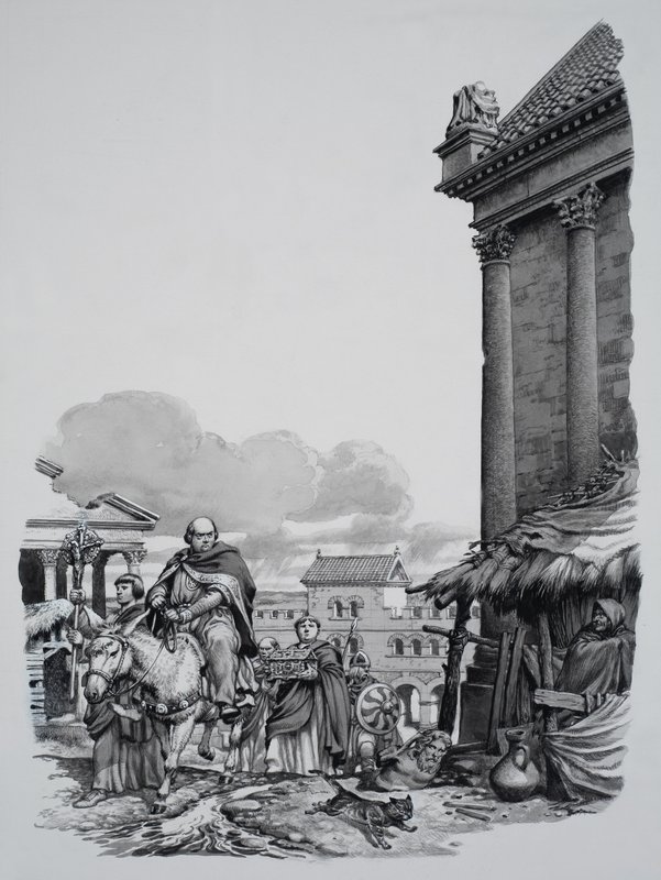 Biskup Mellitus (zm. 624) przybywający do Londynu (gwasz na papierze) autorstwa Pat (1907-95) Nicolle