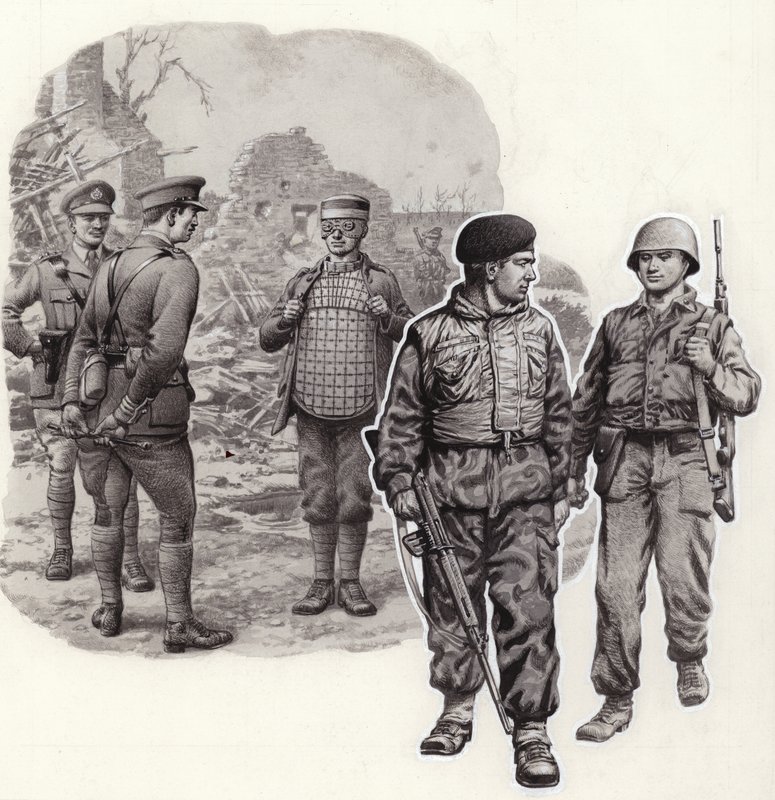 Kamizelki kuloodporne od II wojny światowej do dziś (gwasz na papierze) autorstwa Pat (1907-95) Nicolle