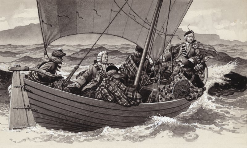 Bonnie Prince Charlie wyrusza na wyspę Skye (gwasz na papierze) autorstwa Pat (1907-95) Nicolle