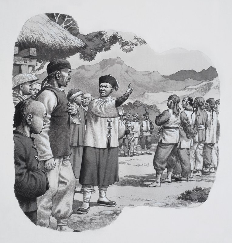 Chińscy bokserzy (gwasz na papierze) autorstwa Pat (1907-95) Nicolle