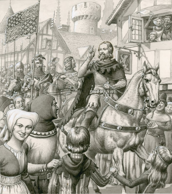 Triumfalny powrót Edwarda III (gwasz na papierze) autorstwa Pat (1907-95) Nicolle