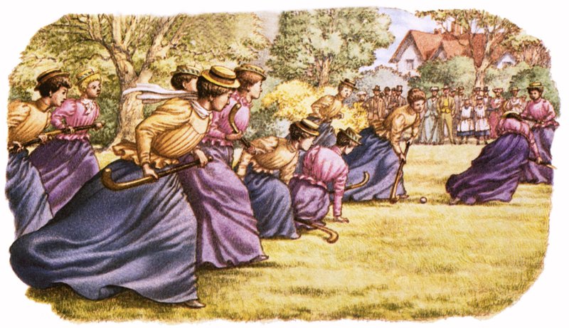 Hokej w wykonaniu kobiet w długich spódnicach autorstwa Pat (1907-95) Nicolle