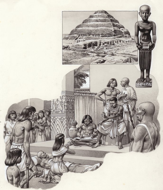 Imhotep "dobry lekarz" udzielający porady choremu mężczyźnie (gwasz na papierze) autorstwa Pat (1907-95) Nicolle