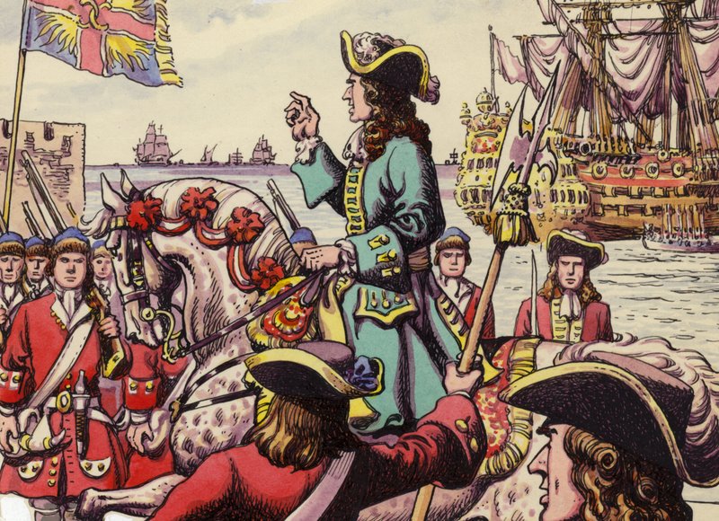 Król Wilhelm III lądujący w Carrickfergus (gwasz na papierze) autorstwa Pat (1907-95) Nicolle