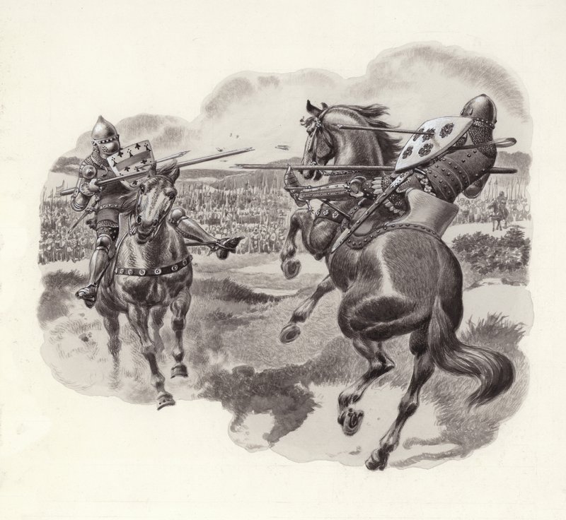Rycerze w bitwie pod Poitiers (gwasz na papierze) autorstwa Pat (1907-95) Nicolle