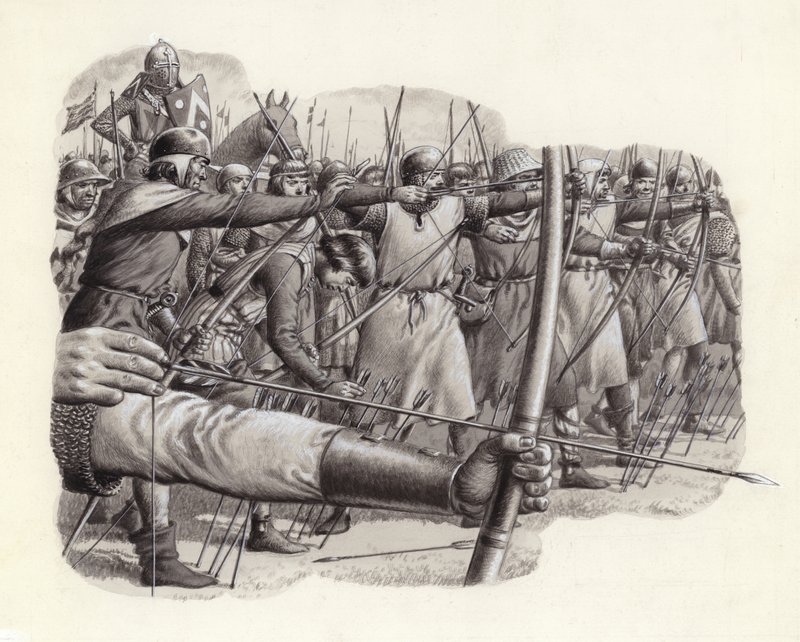 Longbowmen at the Battle of Falkirk (gwasz na papierze) autorstwa Pat (1907-95) Nicolle