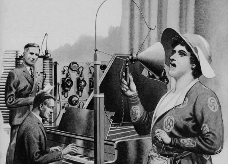 Nellie Melba występująca dla radia (litografia) autorstwa Pat (1907 95) Nicolle
