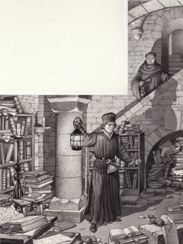 Poggio Bracciolini w zaniedbanej bibliotece klasztoru St Gall (gwasz na papierze) autorstwa Pat (1907-95) Nicolle
