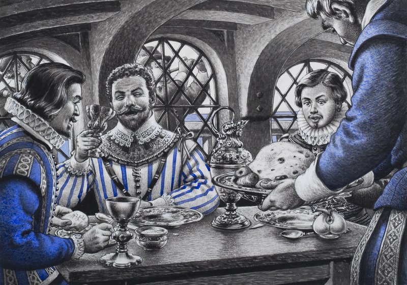 Sir Francis Drake (1540-96) przy stole (gwasz na papierze) autorstwa Pat (1907-95) Nicolle