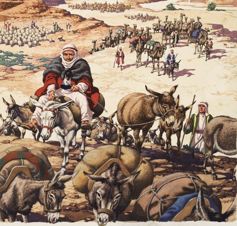Powrót do Kanaanu, z opowieści o Jakubie (gwasz na papierze) autorstwa Pat (1907-95) Nicolle