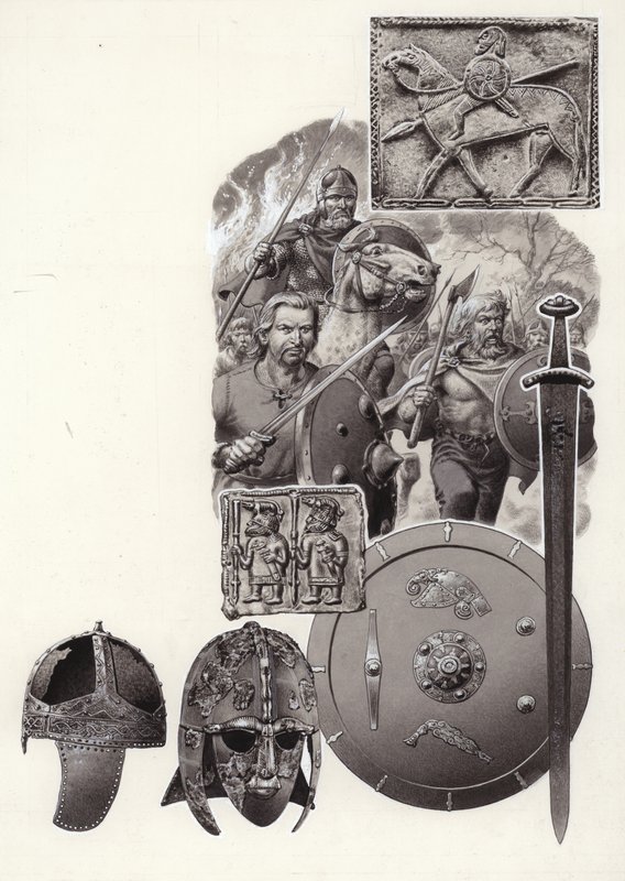 Barbarzyńcy, którzy zniszczyli cesarski Rzym (gwasz na papierze) autorstwa Pat (1907-95) Nicolle