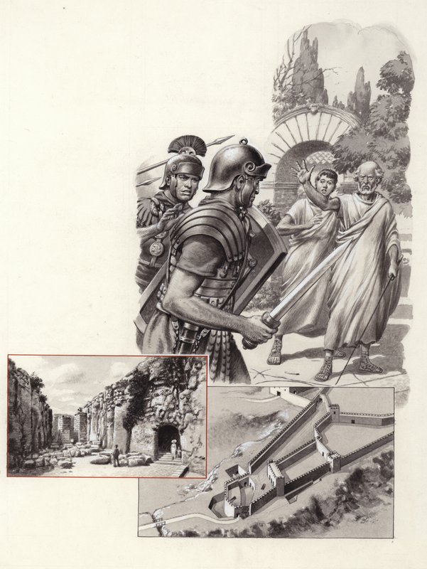 Śmierć Archimedesa (gwasz na papierze) autorstwa Pat (1907-95) Nicolle