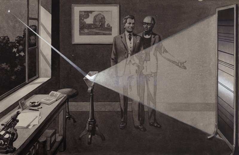 Światło gwiazdy uderza w pryzmat, rozszczepiając się na tęczę kolorów (gwasz na papierze) autorstwa Pat (1907-95) Nicolle