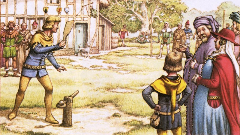 Trap-ball, jaki mogli oglądać pielgrzymi Chaucera autorstwa Pat (1907-95) Nicolle