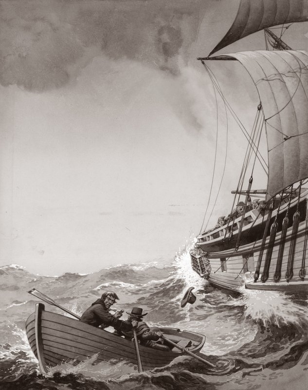 Dwóch królewskich posłańców próbuje wpłynąć do portu w Calais (gwasz na papierze) autorstwa Pat (1907-95) Nicolle