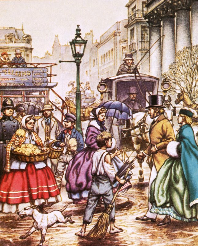 Typowa londyńska scena uliczna z lat 60. XIX wieku autorstwa Pat (1907-95) Nicolle