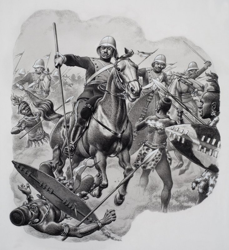 Zulus (gwasz na papierze) autorstwa Pat (1907-95) Nicolle