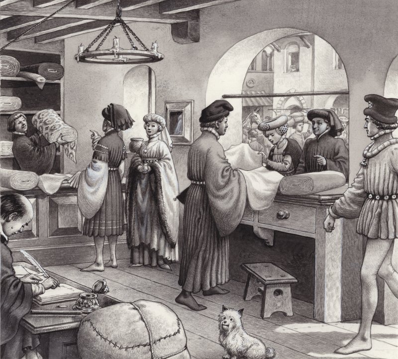 Sklep handlarza suknem w renesansowych Włoszech (gwasz na papierze) autorstwa Pat (1907 95) Nicolle