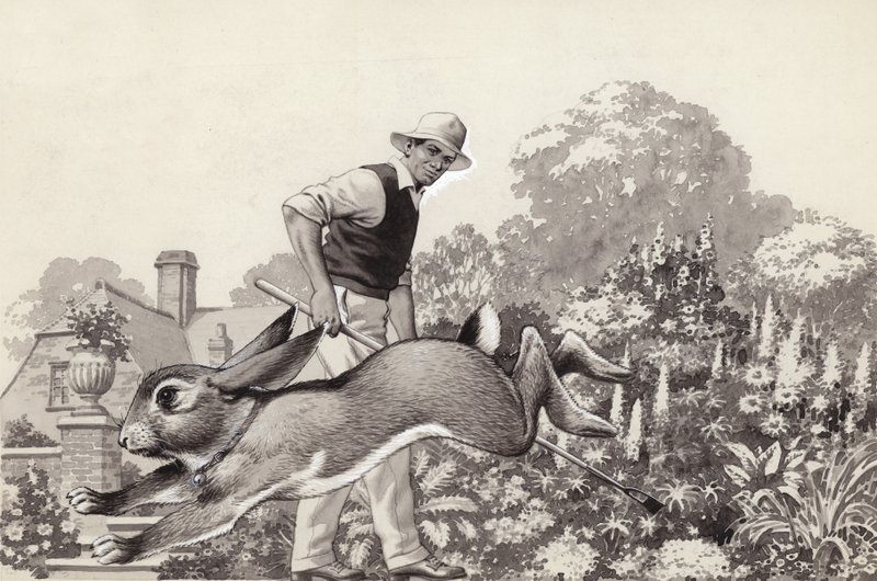 Królik biega po ogrodzie w obroży dla kota (gwasz na papierze) autorstwa Pat (1907 95) Nicolle