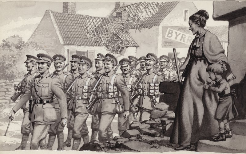 Brytyjscy żołnierze maszerują (gwasz na papierze) autorstwa Pat (1907 95) Nicolle