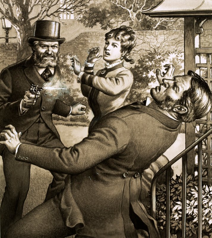 Charles Peace, notoryczny włamywacz i morderca, strzela do jednej ze swoich ofiar (gwasz na papierze) autorstwa Pat (1907 95) Nicolle