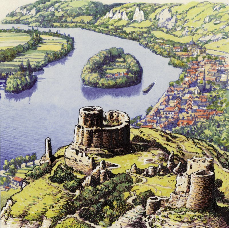 Chateau Gaillard, znany również jako Nowy Zamek na Skale (gwasz na papierze) autorstwa Pat (1907 95) Nicolle