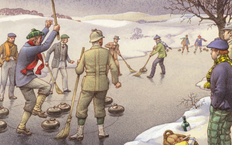 Curling w Szkocji (gwasz na papierze) autorstwa Pat (1907 95) Nicolle