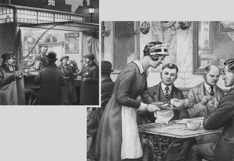 Edwardian Coffee Stall and Teashop (gwasz na papierze) autorstwa Pat (1907 95) Nicolle