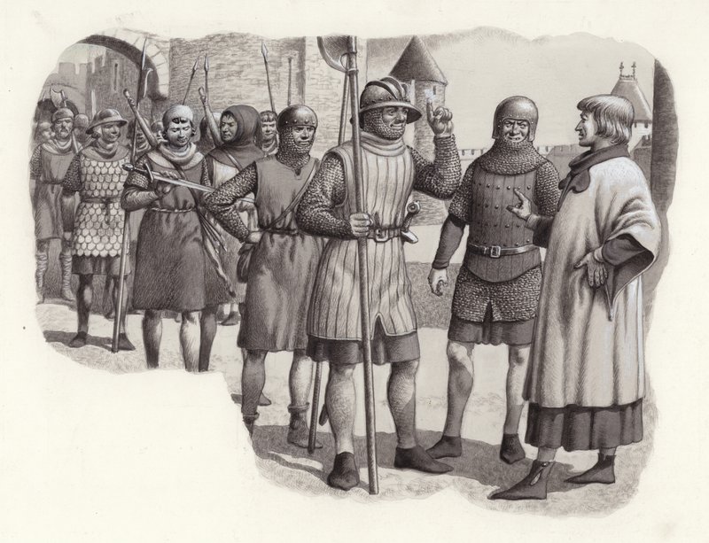 Piechurzy z XIV wieku (gwasz na papierze) autorstwa Pat (1907 95) Nicolle