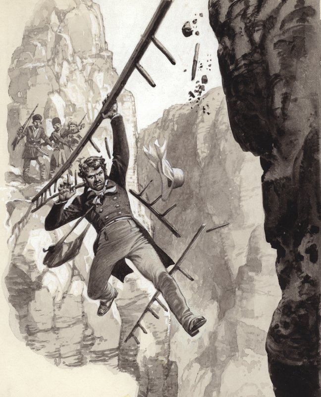 Henry Creswicke Rawlinson w Behistun (gwasz na papierze) autorstwa Pat (1907 95) Nicolle
