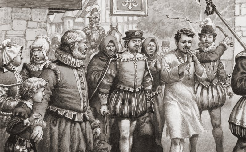 Król Francji Henryk III odbywa pokutę, spacerując ulicami Paryża we włosiennicy, podczas gdy jest biczowany (gwasz na papierze) autorstwa Pat (1907 95) Nicolle