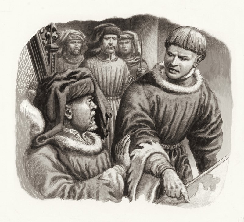 Król Henryk IV i książę Hal (gwasz na papierze) autorstwa Pat (1907-95) Nicolle