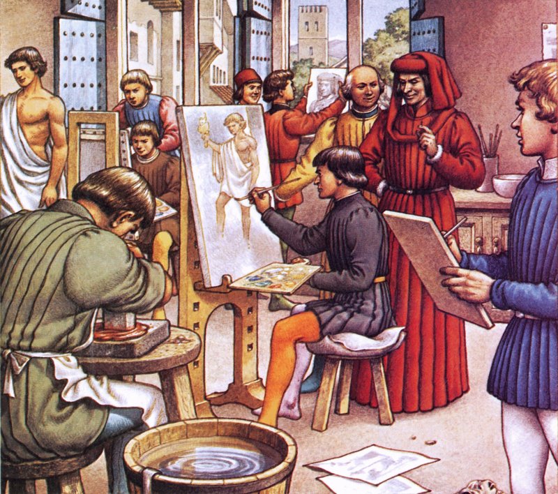 Lorenzo de Medici odwiedzający szkołę, którą założył dla artystów autorstwa Pat (1907-95) Nicolle