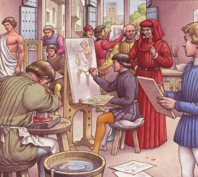 Lorenzo de Medici odwiedza szkołę dla artystów (gwasz na papierze) autorstwa Pat (1907 95) Nicolle