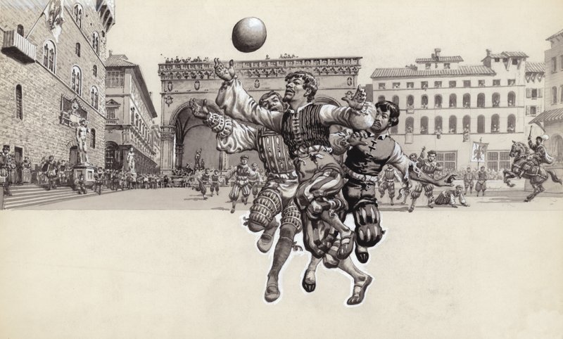 Gra w piłkę nożną we Florencji (gwasz na papierze) autorstwa Pat (1907-95) Nicolle