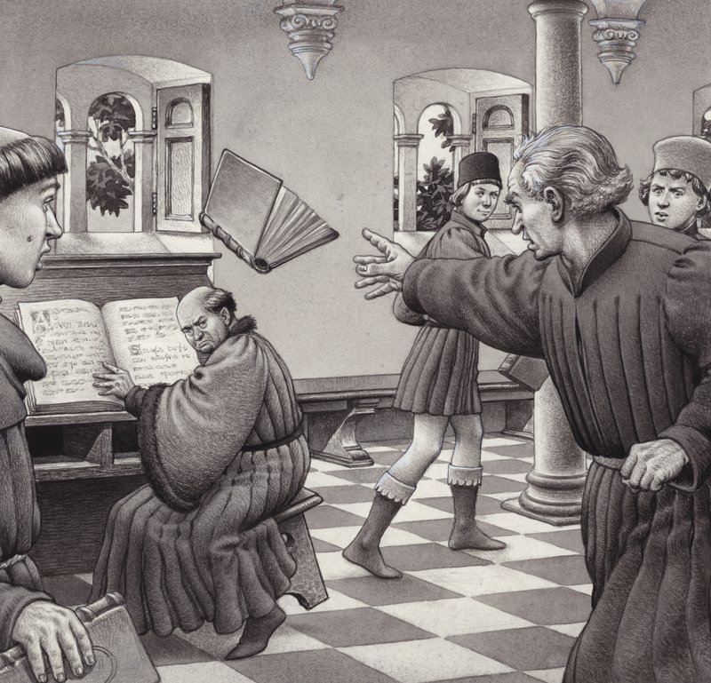 Poggio Bracciolini rzuca książką w kolegę po fachu, Tortelli (gwasz na papierze) autorstwa Pat (1907 95) Nicolle