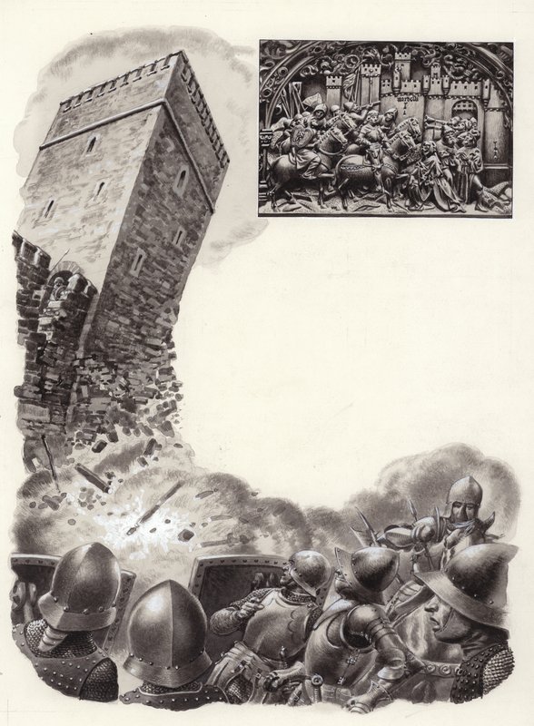 Hiszpańscy żołnierze wysadzający fortyfikacje za pomocą prochu strzelniczego (gwasz na papierze) autorstwa Pat (1907-95) Nicolle